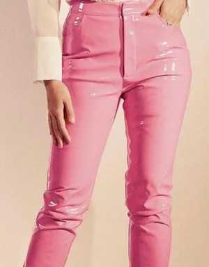 Boohoo x Megan Fox Straight Leg Vinyl Trousers Pink thumbnail 1