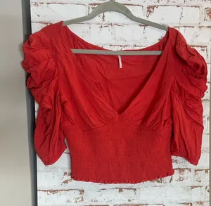 Free People Red Ruched Sleeve Blouse thumbnail 1