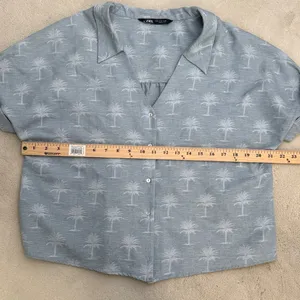 Zara Blue Palm Tree Print Button Down Short Sleeve Collared Blouse Shirt Top M thumbnail 8
