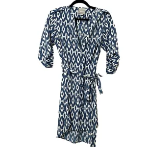 Maeve Blue Ikat Print 3/4 Sleeve Mini Shirt Dress Womens XS Belted Boho Anthro thumbnail 2
