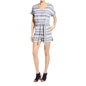 MADEWELL Size-M Romper Perimeter Striped Linen Blend Navy Blue Belted thumbnail 2
