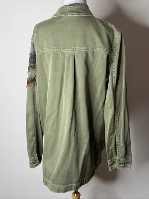 Free People Green Military Embroidered Beaded Shirt Jacket thumbnail 8