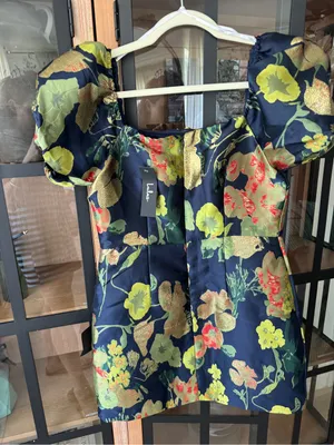 NWT Lulus So Stunning Navy Floral Jacquard Puff short Sleeve Mini Dress cocktail thumbnail 5