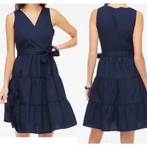 Jcrew Dress Size 12 Navy Blue Sleeveless Cotton Vneck Tie Waist NWT thumbnail 2
