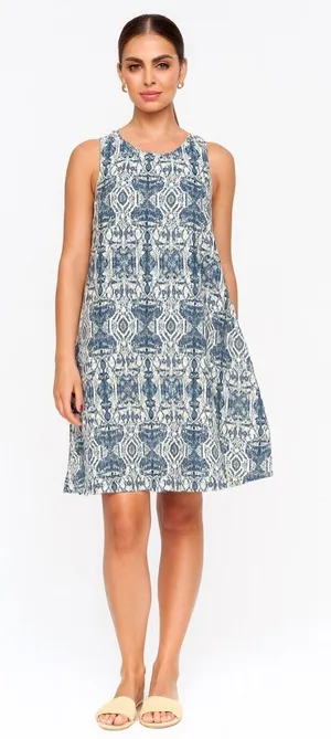 🌿✨ Rachel Zoe 100% Linen Blue Boho Print Sleeveless Dress M ✨🌿‎ thumbnail 1