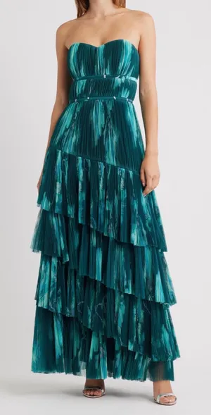 Hutch Lanza Strapless Tiered Tulle Gown‎ in Teal Bloom Size 2 thumbnail 1