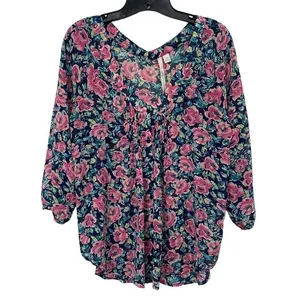 LC Lauren Conrad Womens Floral ¾ Sleeve Chiffon Blouse pleated button front sz M thumbnail 1