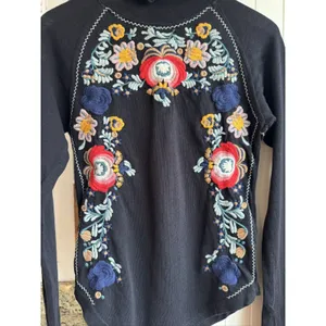 Free People Disco Rose Black Embroidered Folk Floral Mock Neck Top XS thumbnail 5