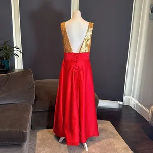 Women’s Gold Sequined Deep V-Neck Red Satin Full Length Prom Party Dress Size M thumbnail 4