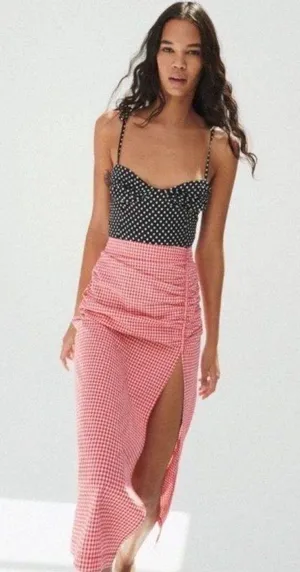 Zara Red Gingham Hi-Rise Midi Skirt Size Small thumbnail 1