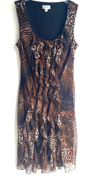 Avenue sleeveless fitted midi dress ruffle front leopard animal print summer 14 thumbnail 1