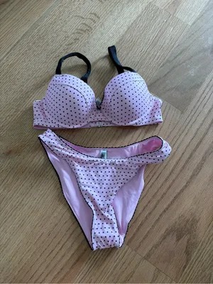 Pink Polka Dot Bikini Set with Black Trim thumbnail 2