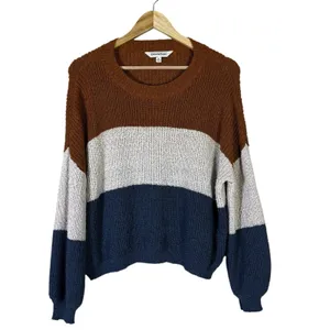 Davi & Dani Colorblock Striped Shaker Knit Sweater Brown Navy Preppy Size M thumbnail 2