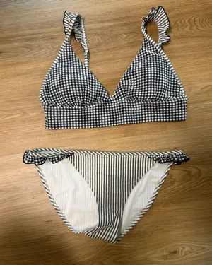 aerie Black & White Gingham Bikini Set with Striped Bottoms thumbnail 1