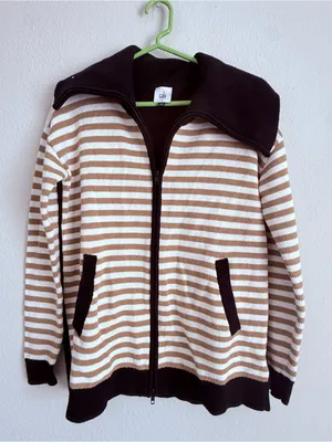 Cabi Mascot Cardigan 6448 Tan White Striped Black Full Zip Sweater thumbnail 2