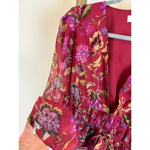 WAYF Cropped Long Sleeve Red Floral Tie Front Open Elastic Waist Blouse Size L thumbnail 5