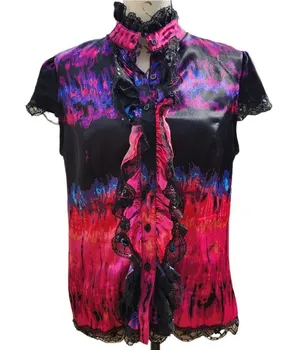 Baby Phat -257 Y2K satin like lace and sequin blouse hot pink and‎ black Large thumbnail 1