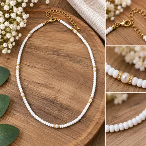 White Beaded Necklace with Pearl & Gold Tone Accents Adjustable Dainty Jewelry thumbnail 2