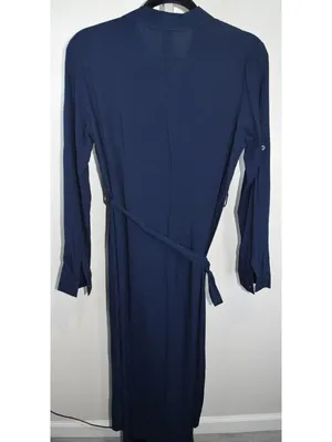 SHEIN Shirt Dress Womens Small Navy Blue Belted Long Sleeve Midi Wrap Style thumbnail 2