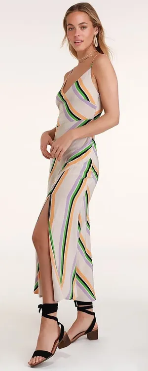 ASTR The Label Midi Dress Womens S Multicolor Striped Slit Boho Party Cocktail thumbnail 1