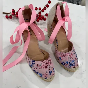 JustFab Pink Floral Wedge Espadrilles thumbnail 1