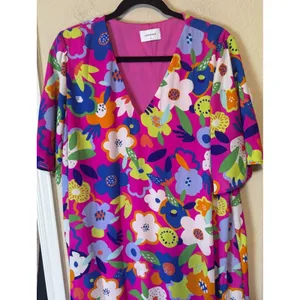 Adrienne Maxi Dress 1X Pink Floral Flower Power V-Neck Tiered Maximalist Bright thumbnail 2