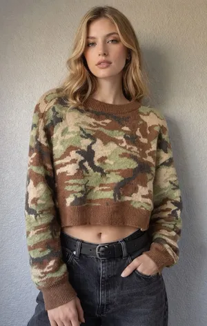 Daisy Street Camo Cropped Sweater Women XL Brown Green Camouflage Crewneck NWT thumbnail 1