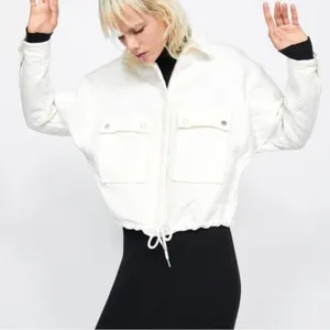 Zara Diamond Full Zip Cropped Drawstring Jacket in‎ Ivory Size Medium thumbnail 1