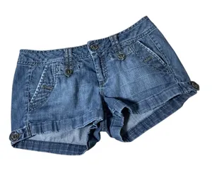 Fragile Blue Jeans Y2K Low Rise Denim Shorts Womens 6 Blue Cuffed Button Detail thumbnail 1