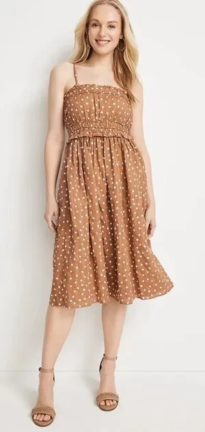 Maurice's Women's Dress S Brown Polka Dot Midi‎ Coquette Cute Spaghetti Thin Strap Wedding thumbnail 1