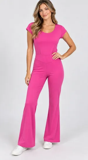 Joy Lab Pink V-Neck Cap Sleeve Flare Leg Activewear Jumpsuit Large thumbnail 1