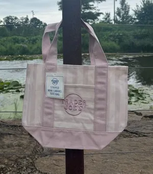 Trader Joe’s Mini Striped Tote Pink Lavender Canvas Bag. NWT thumbnail 1
