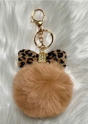 Leopard Print Bow With Rhinestones Pom Pom Bag Charm Keychain Tan Gold New thumbnail 1
