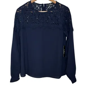 Lulu's Women’s Picture This Lace Round Neck Long Sleeve Blouse Navy size S thumbnail 1