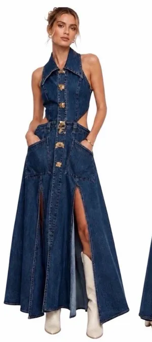 Urban Revivo NWT Denim Cut outs Front Dlits Halter Maxi Dress sz 6 thumbnail 1