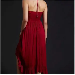 ANTHROPOLOGIE Women’s Crimson Red Crinkle Halter Midi Dress medium thumbnail 2