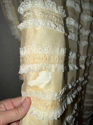 vintage 70s pale yellow maxi dress sheer ruffled tiers and long puff sleeves thumbnail 3