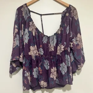 Free People Glenside Floral Peasant Open Back Blouse in Purple Size Medium thumbnail 3