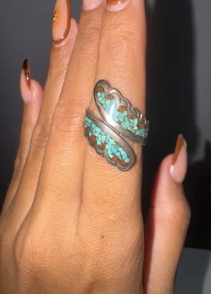 Sterling Silver Native American Navajo 925 Turquoise & Coral Inlay Wrap Ring Lb thumbnail 1
