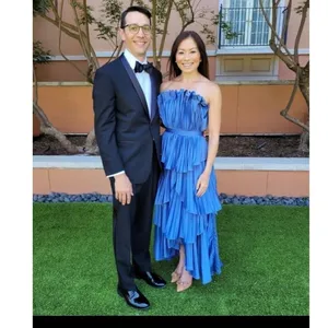 AMUR Dusk Blue Romantic Silhouette Cascading Tiers Strapless Janey Gown size 6 thumbnail 6