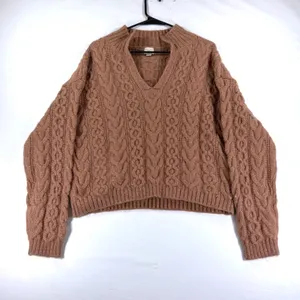 Grandma-Core Sweater A New Day Brown Cable Knit V-Neck Wool Blend Size Medium thumbnail 2