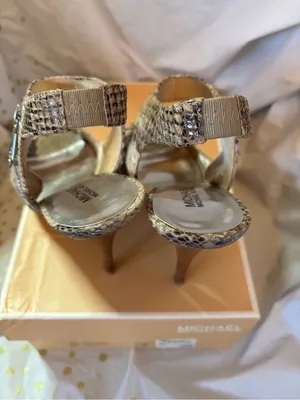 Michael Kors Snake-Print Open-Toe Slingback Heels in Brown and Tan thumbnail 5