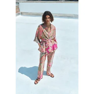 Zara Multicolor Satin Silk Paisley Print Duster Wrap Kimono Caftan Top Jacket thumbnail 3