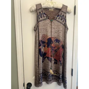 GM Women’s L/XL Boho Elephant Print Sleeveless Tunic Dress Feather Tie Brown Top thumbnail 16