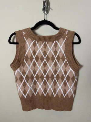 Pink Rose Tan Neutral Argyle Sweater Vest Top Size Small thumbnail 4