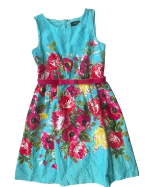Chetta B‎ Floral Turquoise Fit Flare Dress Size 6 Pink Belted Sleeveless Garden thumbnail 1