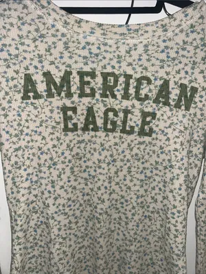 American Eagle Outfitters White Floral Long-Sleeve Tee with Green Logo thumbnail 3