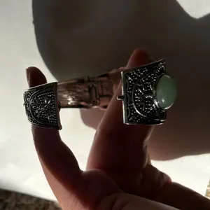 Green Aventurine Bangle Bracelet in Black Oxidized Silvertone thumbnail 4