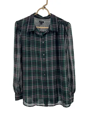 Ann Taylor sheer button front plaid puff sleeve top L professional office casual thumbnail 1
