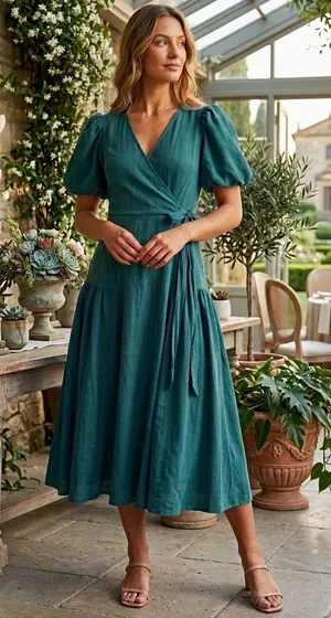 böhme Blue Solid V-Neck Wrap Midi Dress Puff Sleeve Tie Waist Lined Size XS thumbnail 1